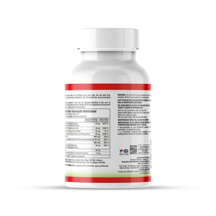 COMPLEJO B COMPLETO - 60 CÁPSULAS BLANDAS - SUPLEMENTO NUTRICIONAL en Colombia - Vista lateral