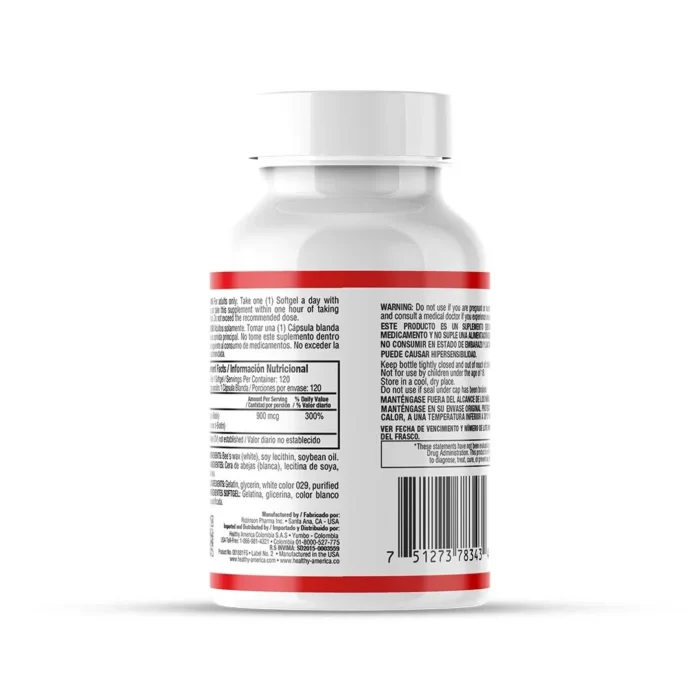 SUPLEMENTO DE BIOTINA 900MCG - 120 CÁPSULAS BLANDAS en Colombia - Vista lateral