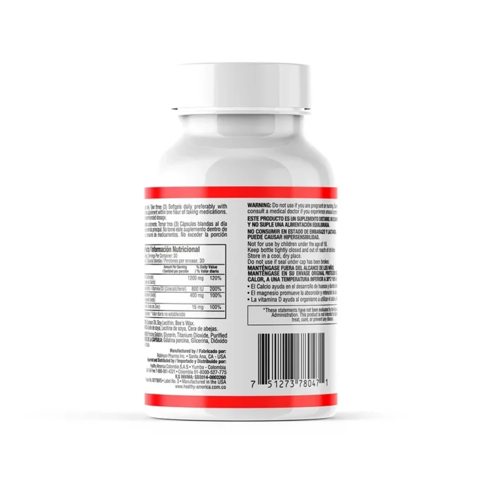 CALCIUM, MAGNESIUM, ZINC Y VITAMINA D3 - 90 CÁPSULAS BLANDAS - SUPLEMENTO DE MINERALES en Colombia - Vista lateral