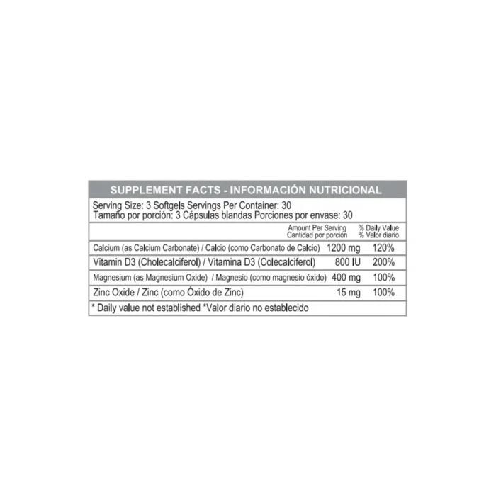 CALCIUM, MAGNESIUM, ZINC Y VITAMINA D3 - 90 CÁPSULAS BLANDAS - SUPLEMENTO DE MINERALES en Colombia - Vista posterior