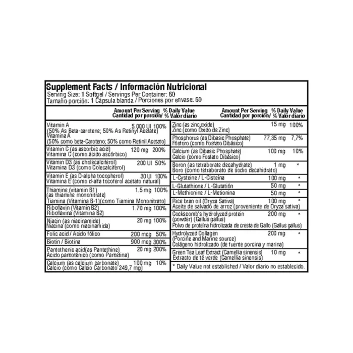 COLÁGENO Y BIOTINA COMPLEJO - 60 CÁPSULAS BLANDAS - SUPLEMENTO NUTRICIONAL en Colombia - Etiqueta de ingredientes