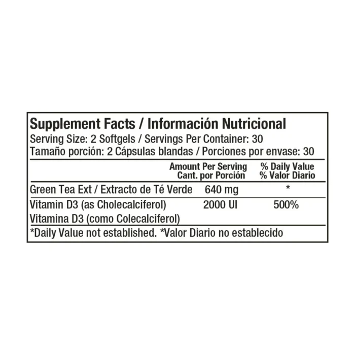 SUPLEMENTO DE EXTRACTO DE TÉ VERDE ESTANDARIZADO 320 MG - 60 CÁPSULAS BLANDAS en Colombia - Vista lateral
