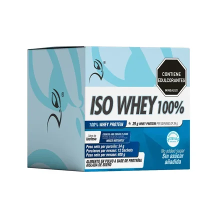 ISO WHEY 100% - PROTEÍNA AISLADA DE SUERO SABOR COOKIES AND CREAM - 12 SACHETS en Colombia - Vista lateral