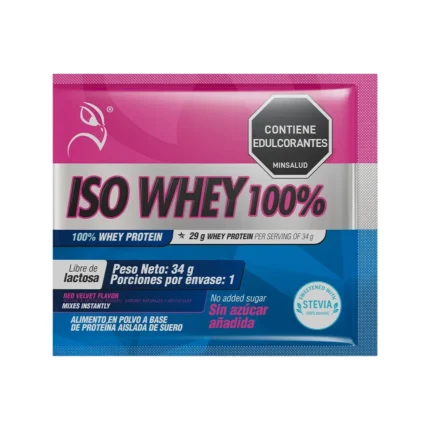 ISO WHEY 100% - PROTEÍNA AISLADA DE SUERO SABOR RED VELVET - 12 SACHETS en Colombia - Vista frontal