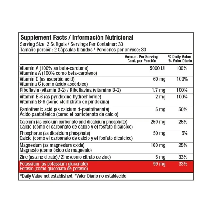 POTASIO 99MG CON VITAMINAS Y MINERALES - 60 CÁPSULAS BLANDAS en Colombia - Vista posterior