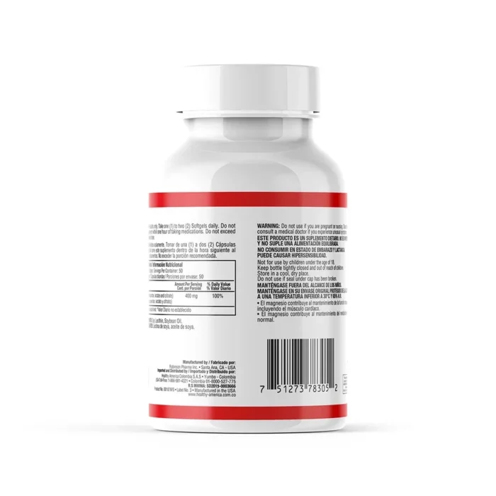 FÓRMULA DE MAGNESIO SUPER 400 MG - 100 CÁPSULAS BLANDAS en Colombia - Vista lateral