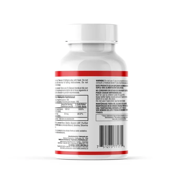 VITAMINAS E 1000 IU CON SELENIO - 100 CÁPSULAS BLANDAS en Colombia - Vista lateral