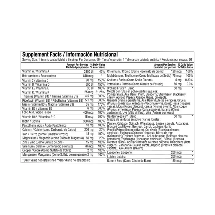 VITAMINAS Y MINERALES DIARIOS - VITALIDAD Y ENERGÍA EN 60 TABLETAS en Colombia - Vista posterior