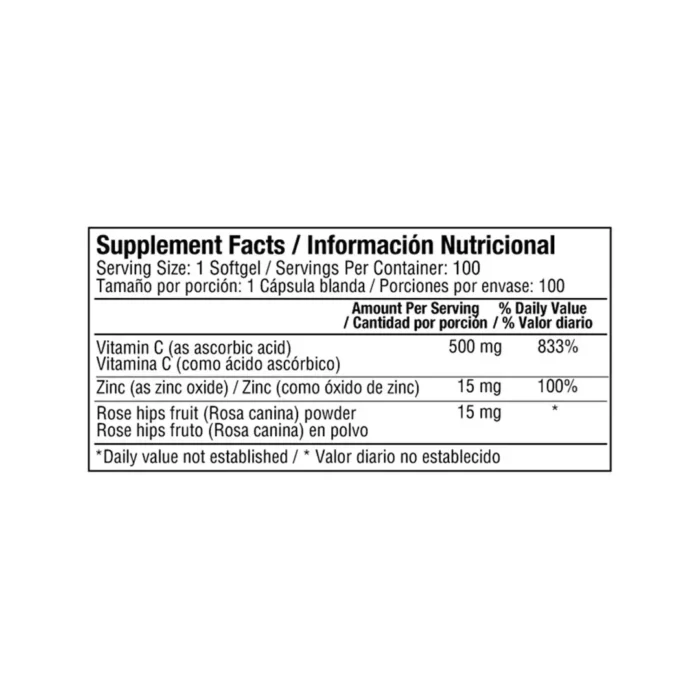 VITAMINA C 500MG CON ROSA MOSQUETA Y ZINC - 100 CÁPSULAS BLANDAS en Colombia - Vista posterior